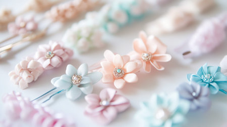 A close-up of a set of pastel-colored hair accessories including clips and headbands, all displayed on a white surface with a focus on their charming designsの素材
