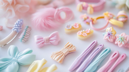 A close-up of a set of pastel-colored hair accessories including clips and headbands, all displayed on a white surface with a focus on their charming designsの素材
