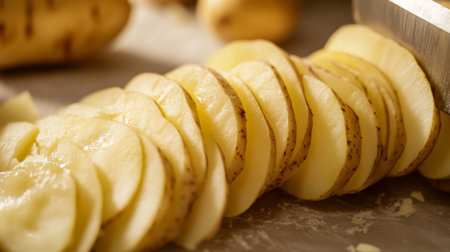 A close-up of a potato being sliced into thin, even rounds, with the slices placed on a white surface to emphasize their uniformity and texture.の素材