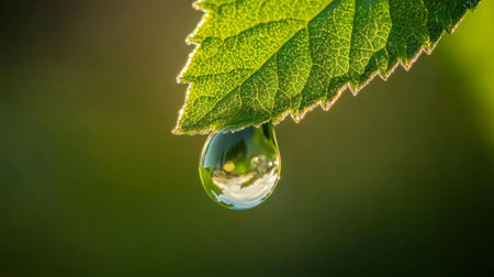 A close-up of a single water droplet hanging delicately from the edge of a green leaf, with reflections of the surrounding environment visible in the droplet.の素材