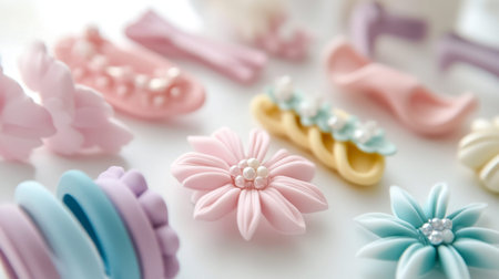 A close-up of a set of pastel-colored hair accessories including clips and headbands, all displayed on a white surface with a focus on their charming designsの素材