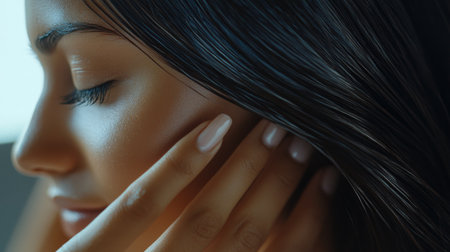 A close-up of a woman gently running her fingers through her silky, straight hair, with a focus on the smooth, shiny strands and her relaxed demeanor.の素材