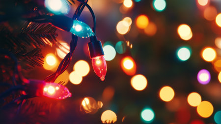 A close-up of a string of colorful fairy lights draped across a festive setting, with a focus on the bright, warm glow against a dark background.の素材