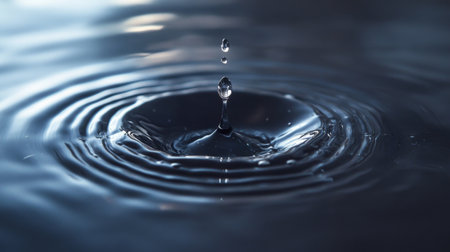 A close-up of a water droplet falling into a pool of water, creating a ripple effect and capturing the moment of impact with a clean background.の素材