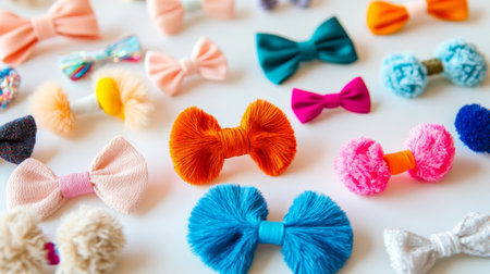 A close-up of an assortment of decorative hairbands with bows and pom-poms, arranged on a white surface to emphasize their vibrant and cute detailsの素材