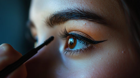 A close-up of a woman applying eyeliner with a steady hand, capturing the precision and focus involved in creating a perfect line.の素材
