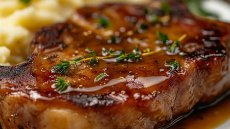 A close-up of a thick pork chop steak, cooked to perfection, with a glaze of honey mustard sauce and served with mashed potatoes.の素材