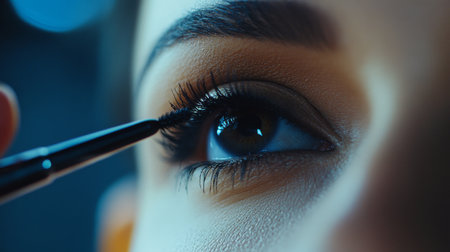 A close-up of a woman applying eyeliner with a steady hand, capturing the precision and focus involved in creating a perfect line.の素材