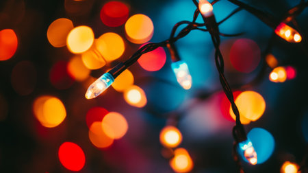 A close-up of a string of colorful fairy lights draped across a festive setting, with a focus on the bright, warm glow against a dark background.の素材