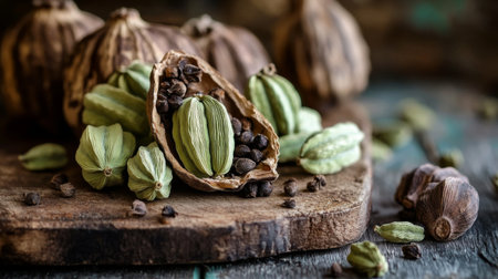 A close-up of fresh green cardamom pods, with some cracked open to reveal the tiny black seeds inside, resting on a wooden board.の素材