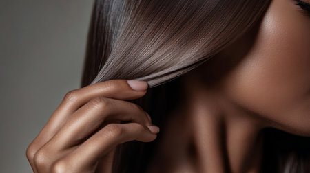 A close-up of a woman gently running her fingers through her silky, straight hair, with a focus on the smooth, shiny strands and her relaxed demeanor.の素材