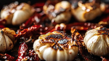 A close-up of roasted garlic and charred red chilies, with smoky textures and rich, deep colors emphasizing their bold flavors.の素材