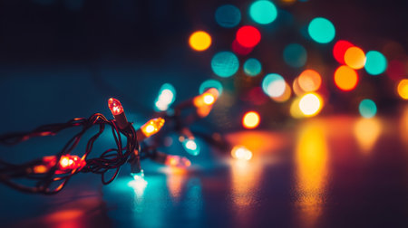 A close-up of a string of colorful fairy lights draped across a festive setting, with a focus on the bright, warm glow against a dark background.の素材