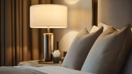 A close-up of a stylish bedside lamp with a marble base and a sleek, metallic lamp stand, featuring a simple, elegant shade.の素材