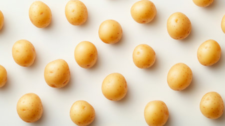 A close-up of several baby potatoes with their smooth, clean skins, arranged in a neat pattern on a white surface for a fresh appearance.の素材