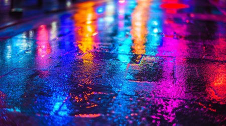 A close-up of vibrant neon lights reflecting off wet pavement, with colorful patterns and hues creating a dynamic, glowing effect.の素材