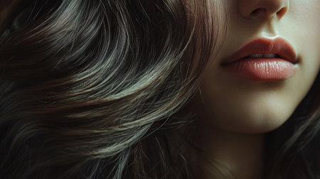 A close-up of a woman with glossy, long hair cascading over her shoulders, with a soft, natural shine and a serene expression.の素材