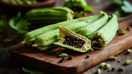 A close-up of fresh green cardamom pods, with some cracked open to reveal the tiny black seeds inside, resting on a wooden board.の素材