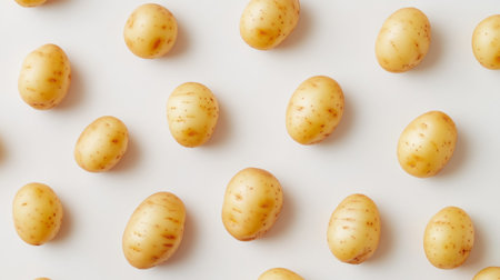 A close-up of several baby potatoes with their smooth, clean skins, arranged in a neat pattern on a white surface for a fresh appearance.の素材
