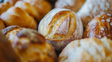 A close-up of a variety of bread rolls, including ciabatta and sourdough, with a focus on the different textures and golden-brown crusts.の素材