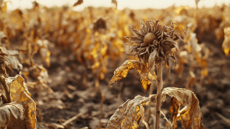 A close-up of dried, wilted crops with brown, brittle leaves, set against a background of empty, sun-scorched farmland.の素材