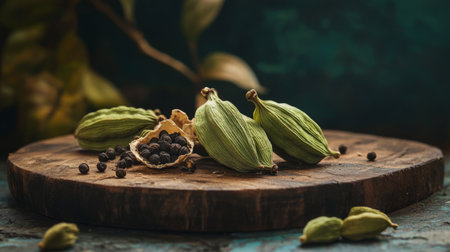 A close-up of fresh green cardamom pods, with some cracked open to reveal the tiny black seeds inside, resting on a wooden board.の素材