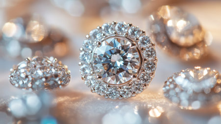 A close-up of diamond earrings with a unique design, such as a halo setting or a cluster of small diamonds, showcasing the intricate details and brilliance.の素材