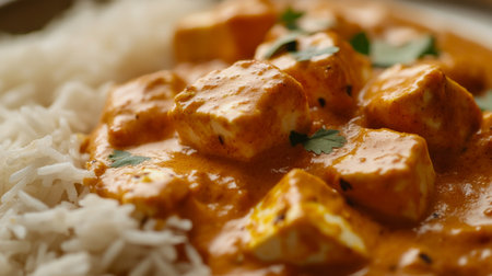 A close-up of creamy paneer butter masala served with basmati rice, focusing on the rich, smooth sauce and tender chunks of paneer cheese.の素材