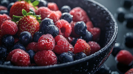 A detailed shot of a bowl filled with juicy, ripe berries such as strawberries, blueberries, and raspberries, with droplets of water highlighting their freshness.の素材