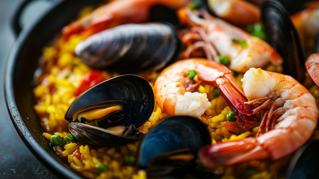 A detailed shot of a fresh seafood paella with shrimp, mussels, and clams, highlighting the vibrant colors and rich textures of the dish.の素材