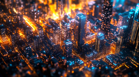 A detailed shot of a cityscape at night, with colorful LED lights illuminating buildings and streets, capturing the vibrant nightlife atmosphere.の素材