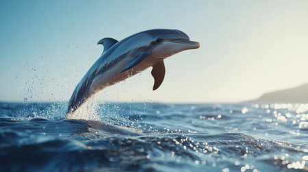 A detailed shot of a dolphin performing a high jump out of the water, with droplets flying and a clear, sunny sky in the background.の素材