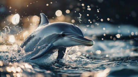 A detailed shot of a dolphin splashing and playing near the water surface, with a focus on the droplets and the dolphin's sleek, shiny skin.の素材