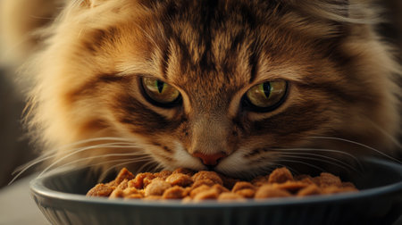 A detailed shot of a fat cat with its face close to a bowl of food, showing its contented expression and fluffy fur as it enjoys every bite.の素材