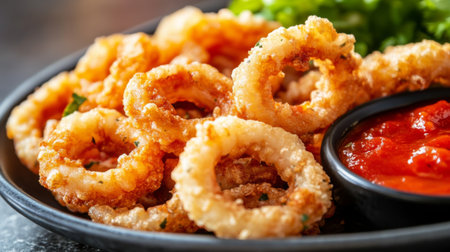 A detailed shot of a platter of crispy calamari rings with a side of marinara sauce, focusing on the golden-brown texture and crispy coating.の素材
