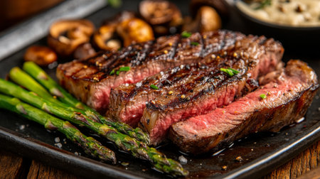 A detailed shot of a juicy ribeye steak, sliced to reveal the tender, marbled meat, with a side of grilled asparagus and mushrooms.の素材