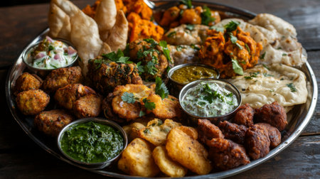 A detailed shot of a platter of assorted Indian appetizers, including pakoras, onion bhajis, and chutneys, arranged artfully on a plate.の素材