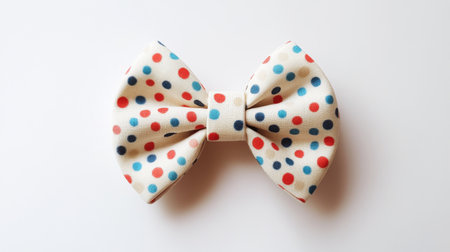A detailed shot of a cute, handmade hair clip with a bow and polka dots, displayed against a simple white background to showcase its handcrafted charm.の素材