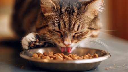 A detailed shot of a plump cat with a satisfied expression, licking its paws clean after finishing a hearty meal, with food remnants still visible in the bowl.の素材