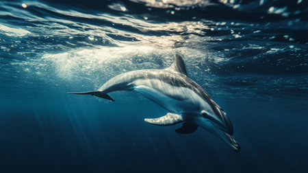 A detailed shot of a dolphin swimming just beneath the water's surface, with its body partially visible and the play of light creating a captivating underwater effect.の素材