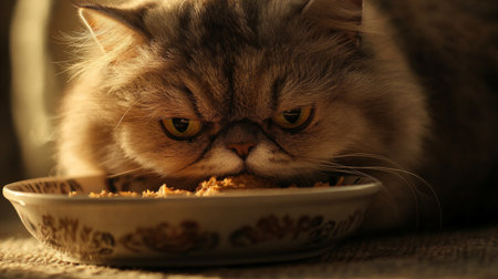 A detailed shot of a fat cat with its face close to a bowl of food, showing its contented expression and fluffy fur as it enjoys every bite.の素材