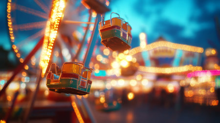 A detailed shot of a carnival or fair with colorful lights on rides and attractions, highlighting the bright and festive atmosphere of the event.の素材