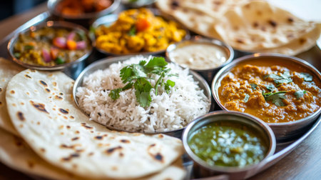 A detailed shot of a colorful thali platter featuring a variety of Indian dishes like dal, curry, rice, and chapati, showcasing the rich textures and flavors.の素材