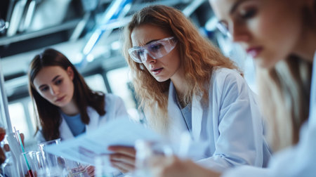 A detailed shot of a researcher discussing findings with colleagues, with a focus on their engaged expressions and the scientific charts or documents in front of them.の素材