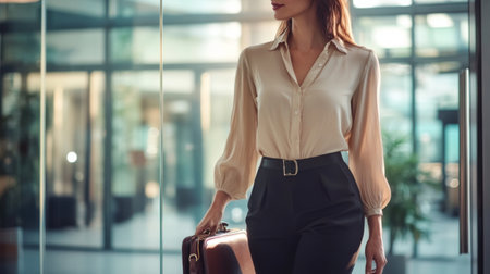 A detailed shot of a professional woman in a stylish blouse, holding a briefcase and standing confidently in front of a glass conference room door.の素材