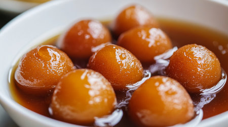 A detailed shot of a traditional Indian dessert like gulab jamun or rasgulla, showcasing its sweet syrup and delicate texture.の素材