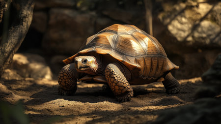 A detailed shot of a tortoise slowly walking across its enclosure, capturing the texture of its shell and its calm, deliberate movement.の素材