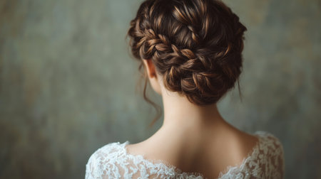 A detailed shot of a woman with a beautiful braid or updo, capturing the intricate details and texture of her styled hair against a neutral background.の素材