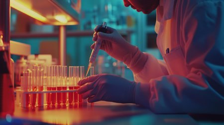 A detailed shot of a researcher in a lab coat working with test tubes and pipettes, highlighting their precise movements and the clean, organized lab environment.の素材