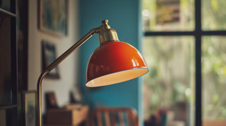 A detailed shot of a retro-style desk lamp with a colorful enamel shade and a brass arm, showcasing the vintage charm and functional design.の素材